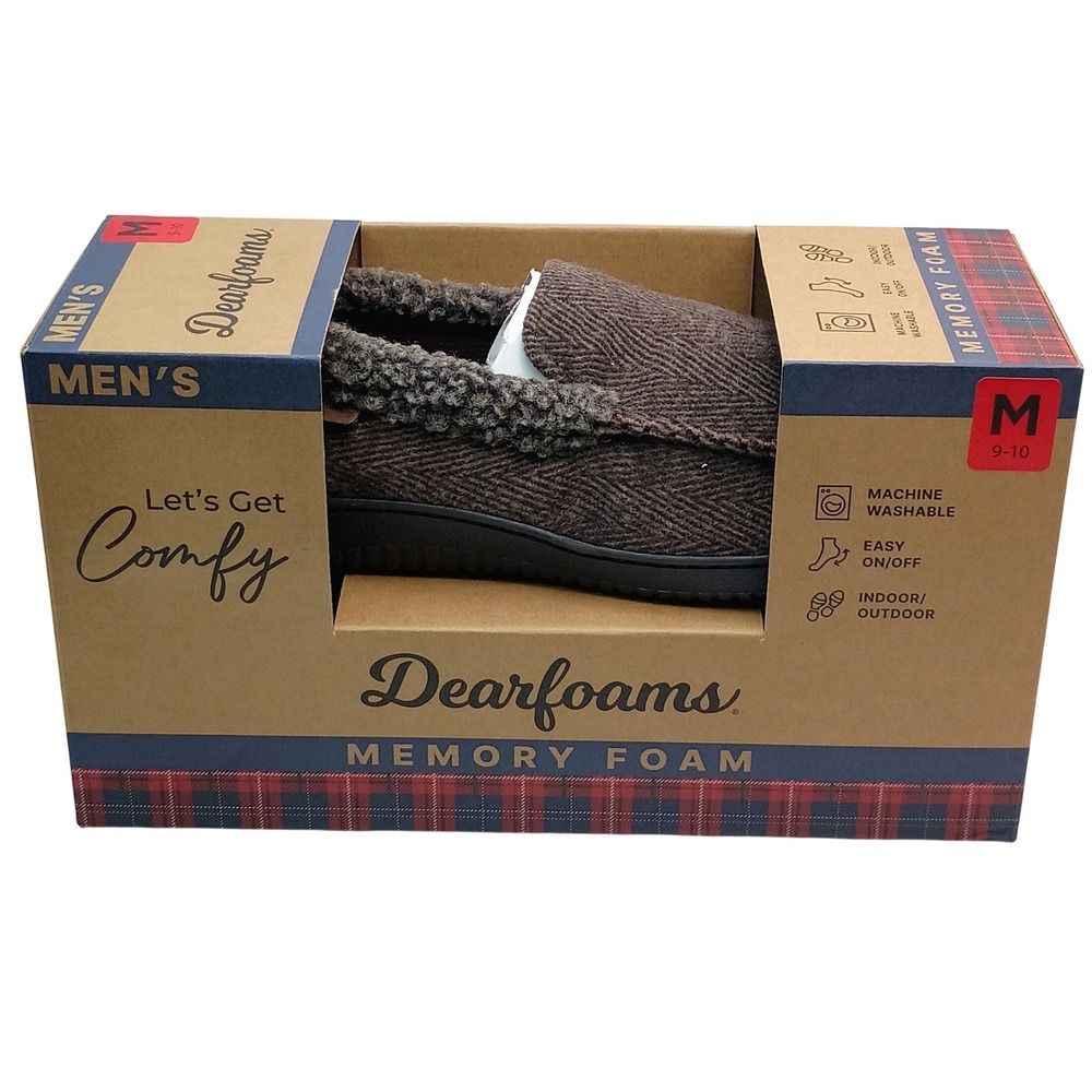 Dearfoams Memory Foam Moccasin Men Size M 9-10 Coffee Brown Herringbone Slippers